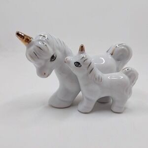 Magical Whimsical Mother & baby Unicorn Gold Maine Horn 3 Inch ceramic figurine